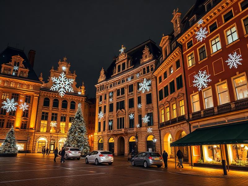 Winterse projectie met sneeuwvlokken op een historische gevel