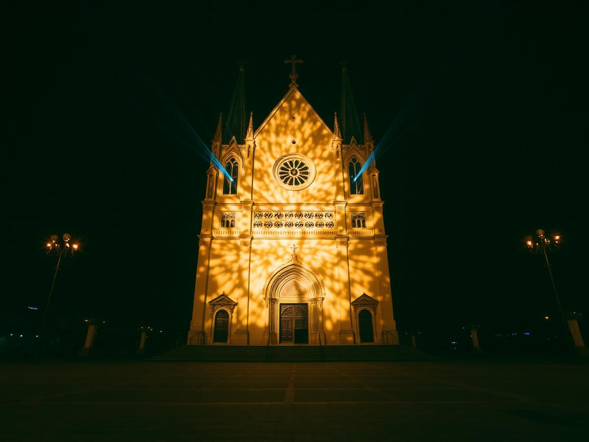Building illuminated by a large-scale façade projection